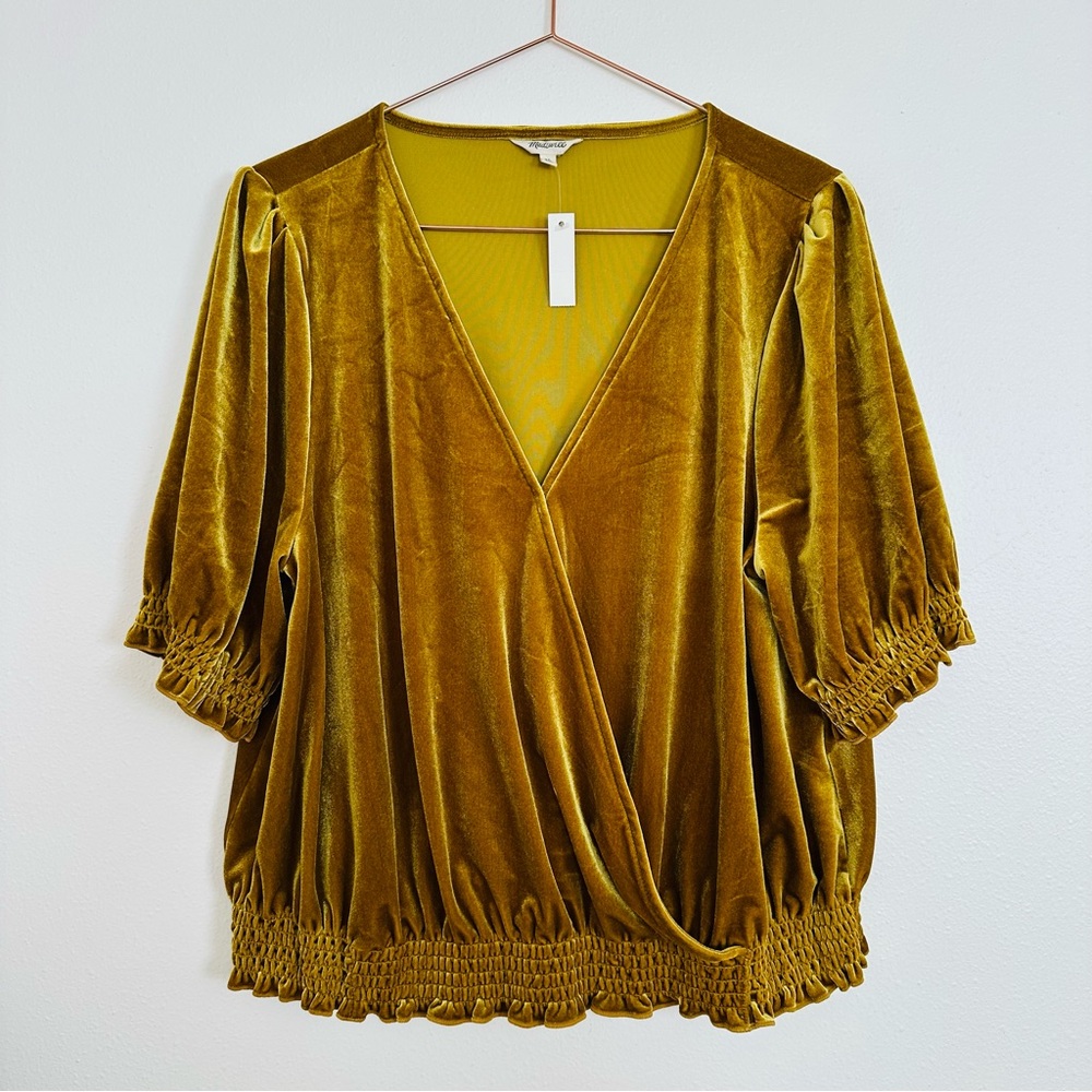 New Madewell Velvet Smocked Crossover Golden Boho Blouse Top Mustard Gold - Picture 7 of 11